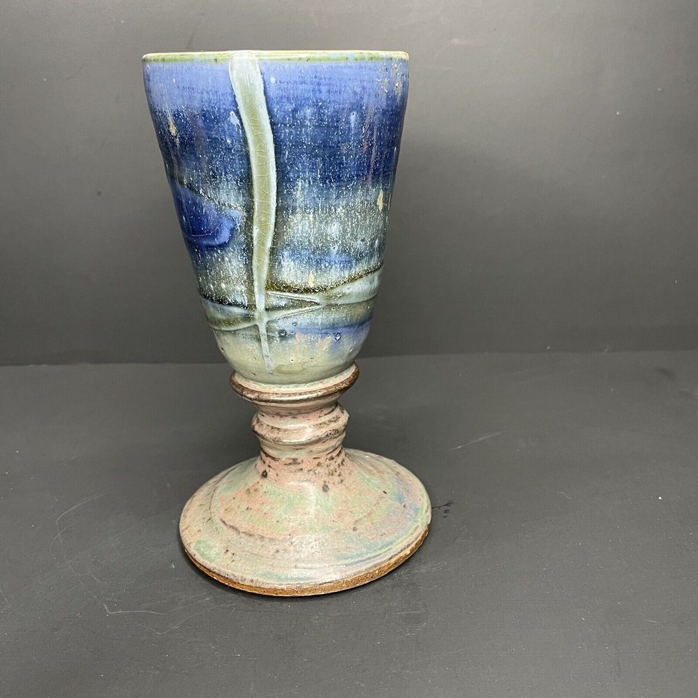 Vtg Hand Thrown Stoneware‎ STUDIO ART POTTERY  7" Wine Glass Goblet Blue Glazed - Picture 7 of 8